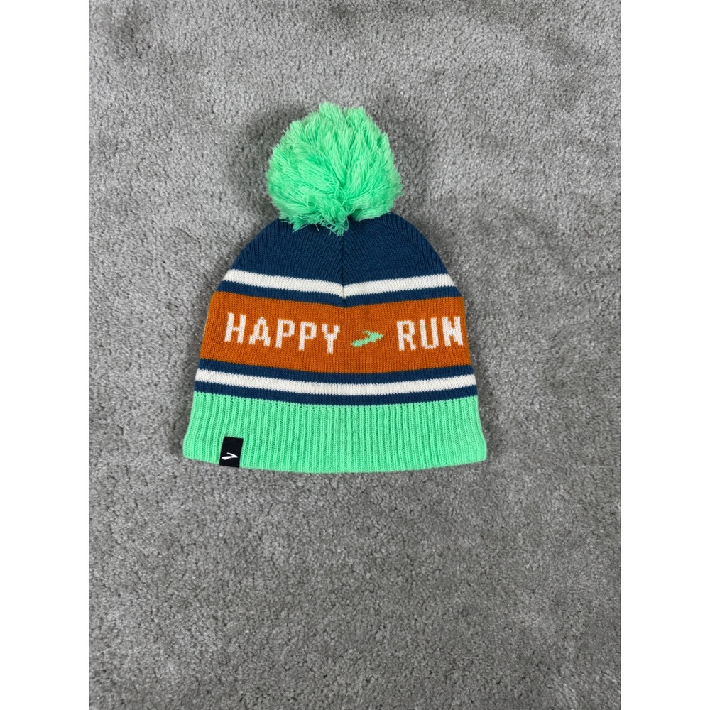 Brooks Heritage Pom Beanie Happy Run Blue Green Orange Knit Hat 280476 OSFA